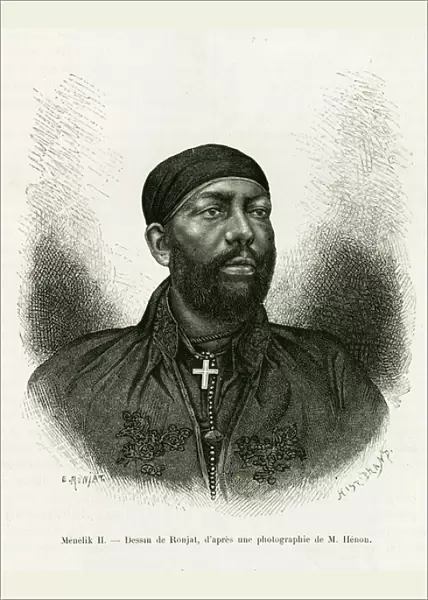 Portrait of Prince Menelik II of Ethiopia (1844- 1913). Engraving by Ronjat