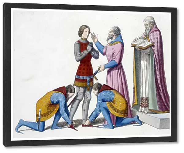knighting - Softening of a Knight in Italy in the 14th century - engraving, 19th century