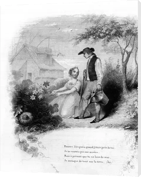 Poor Jacques. A young girl kneels before the flowers near a gardener