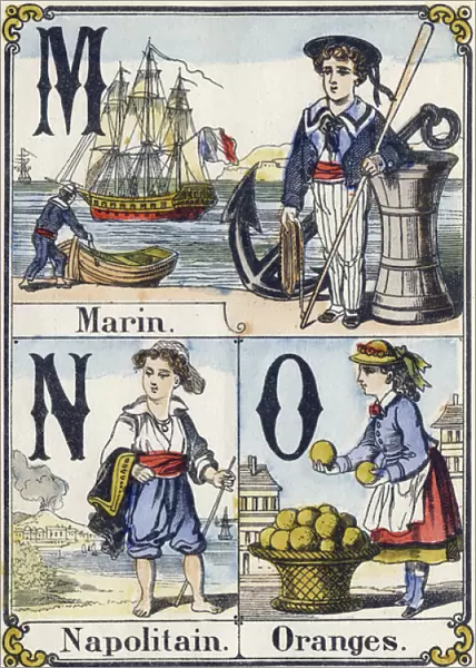 Letter M, N and O: sailor, Neapolitan and oranges. Recreative alphabet. Epinal imaging