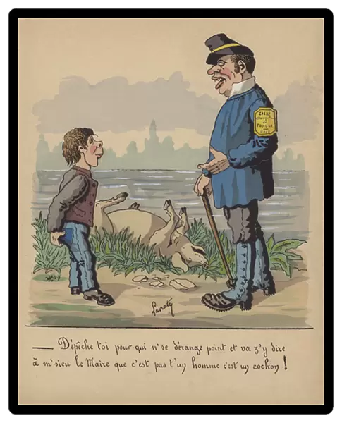 Gamekeeper and boy with a dead pig (colour litho)