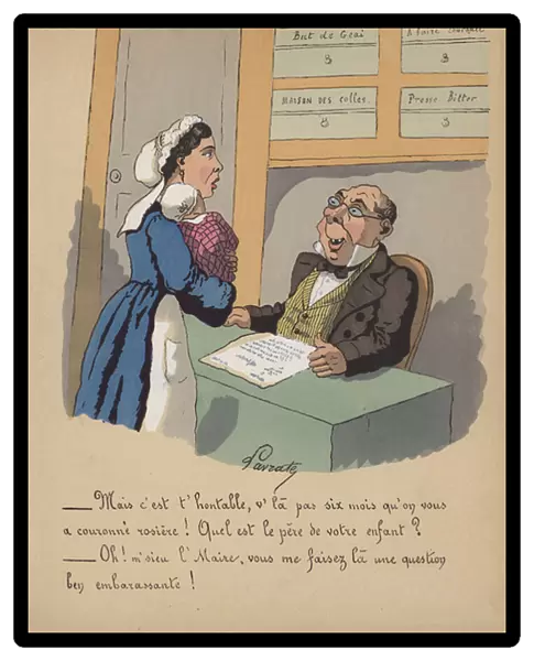 A mother registering her baby at the town hall (colour litho)