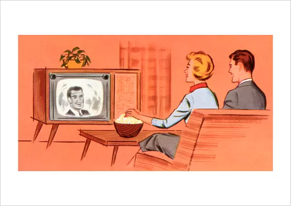 Couple Watching a Retro Television in Their Den, 1958 (screen print)