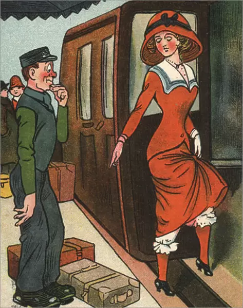 Woman talking to a station porter (colour litho)