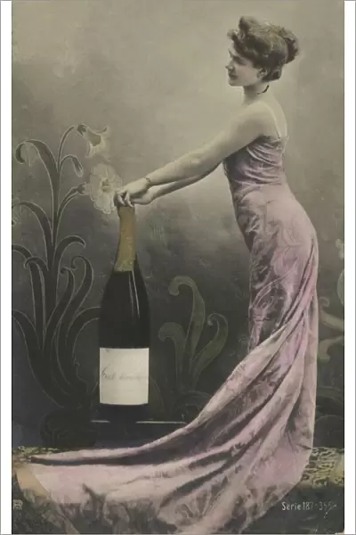 Girl with champagne bottle (colour photo)