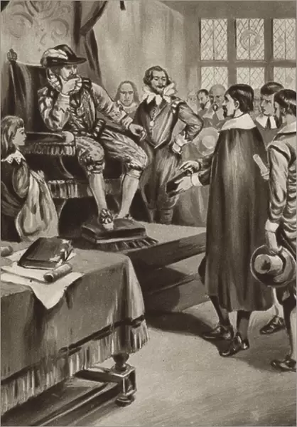 King James VI threatens the Puritans that he will make them conform to the Church or harry them out of the land (litho)