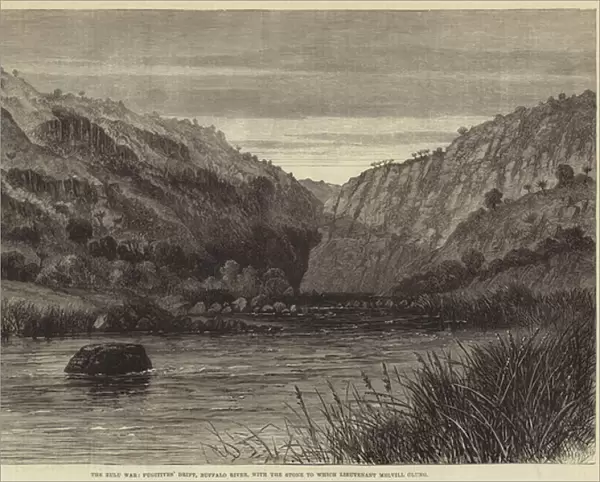 The Zulu War, Fugitives Drift, Buffalo River, with the Stone to which Lieutenant Melvill clung (engraving)