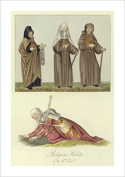 Religious habits of the 15th Century (coloured engraving)