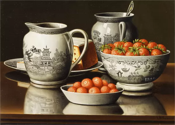 Still Life with Porcelain and Strawberries, (oil on canvas)