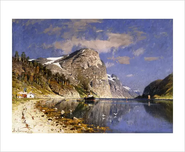A Steamer in the Sognefjord, (oil on canvas)