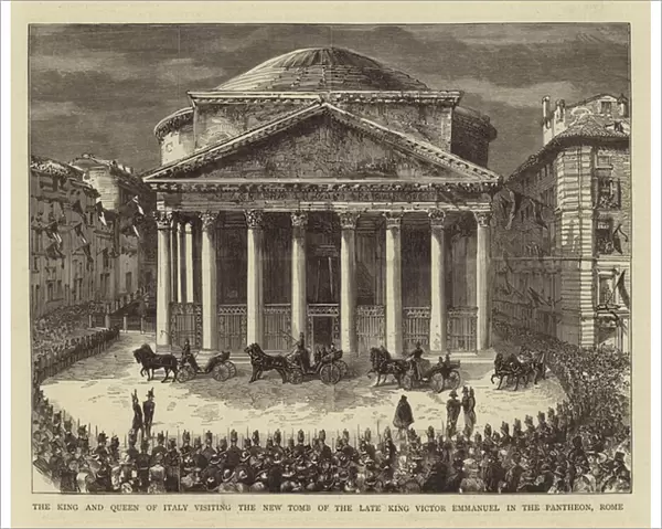 The King and Queen of Italy visiting the New Tomb of the Late King Victor Emmanuel in the Pantheon, Rome (engraving)