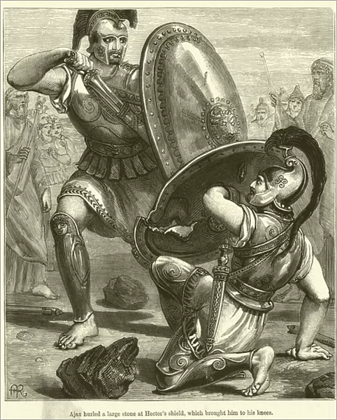 Ajax hurled a large stone at Hectors shield, which brought him to his knees (engraving)