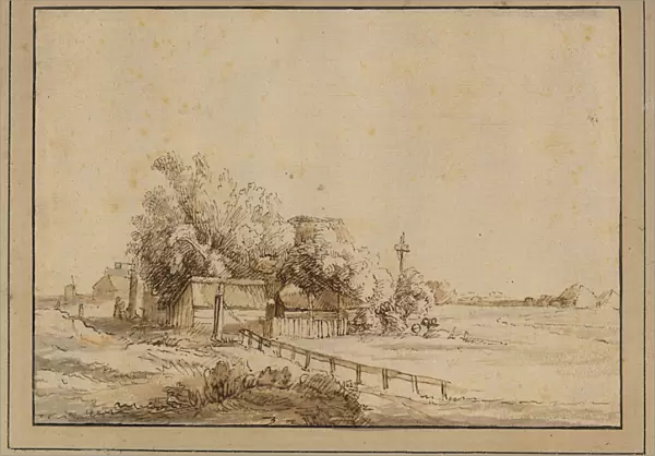 Figures outside an inn, farm buildings and the pole of a dovecote