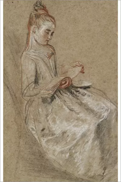 Girl seated with a Book of Music on her Lap (black, red