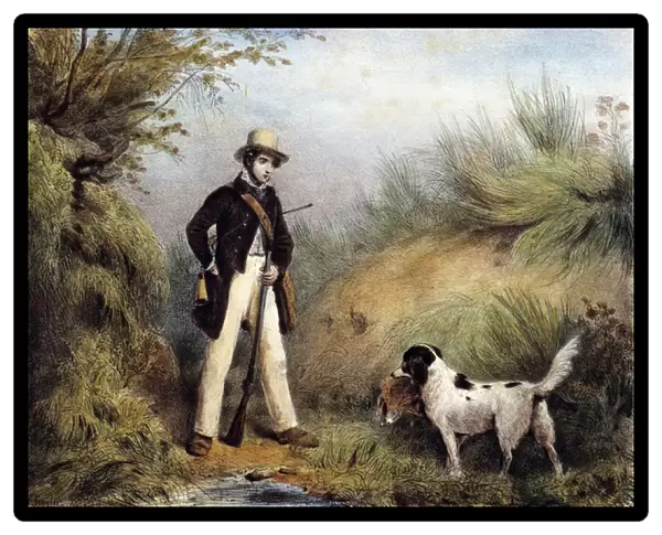 Hunter with his dog. 19th century print. Gien, hunting museum