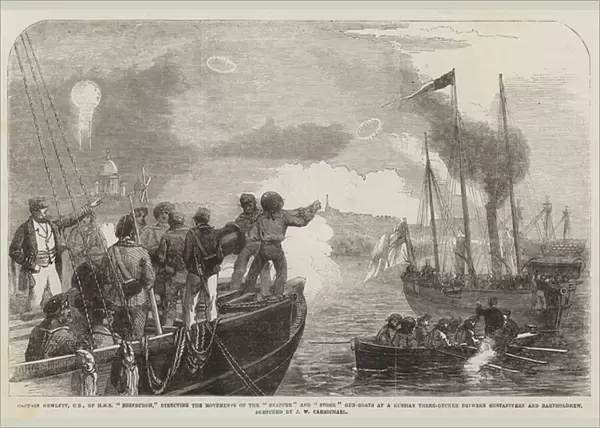 Captain Hewlett, CB, of HMS 'Edinburgh, 'directing the Movements of the 'Snapper'and 'Stork'Gun-Boats at a Russian Three-Decker between Gustafsvern and Bartholomew (engraving)