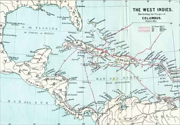 Map of the West Indies illustrating the voyages of Christopher Columbus