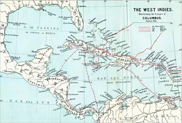 Map of the West Indies illustrating the voyages of Christopher Columbus