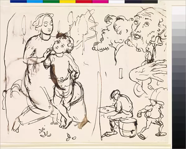 Sheet of studies caricaturing the post-Raphaelesque style, 1853 (pen & ink on paper)