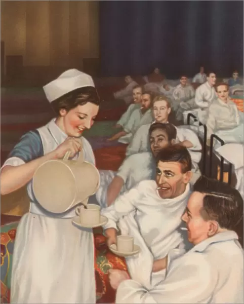 Wounded British servicemen being served tea and smoking cigarettes in hospital, World War II, 1939-1945 (colour litho)