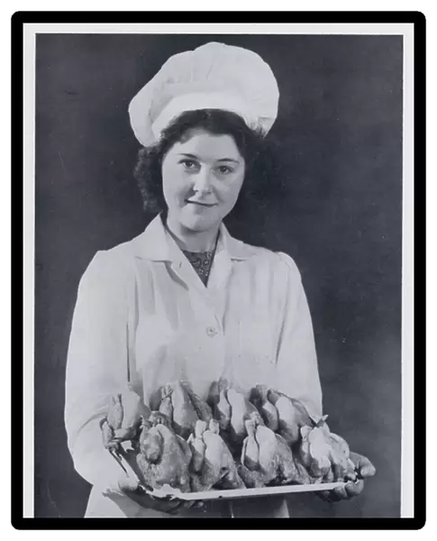 Tray of trussed poussins, spring chickens (b  /  w photo)