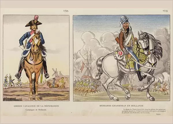 Grosse Cavalerie De La Republique, 1795; Hussards Chamboran En Hollande, 1795 (colour litho)
