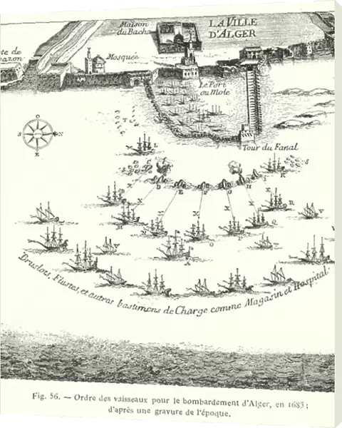 Ordre des vaisseaux pour bombardement d Alger, en 1683; d apres une gravure de l epoque (engraving)