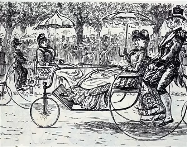 An engraving depicting passengers riding in bicycle carriages