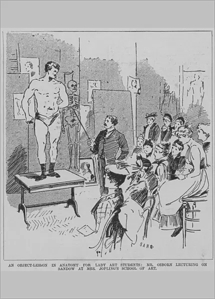 German bodybuilder Eugen Sandow being used as the subject of a lecture on anatomy for female students at Mrs Joplings School of Art, London, 1891 (engraving)