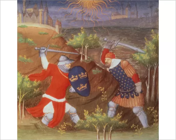 Ms Arsenal 5077 f. 298 King Arthur fights a Roman general, from a manuscript of Histories