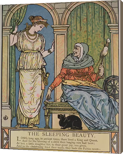 The Princess and the old woman with the spinning wheel, illustration for