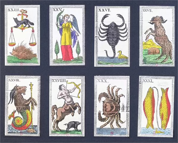 Selection of astrological tarot cards (coloured engraving)