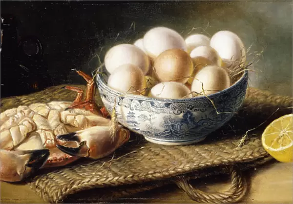 A Crab and a Bowl of Eggs on a Basket, with a Bottle and Half a Lemon (oil on canvas)