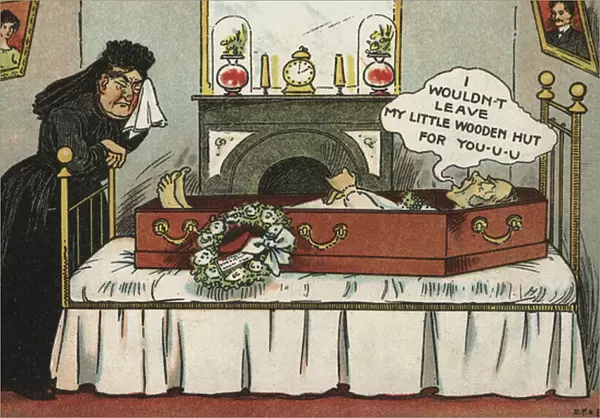 Widow at the coffin (colour litho)