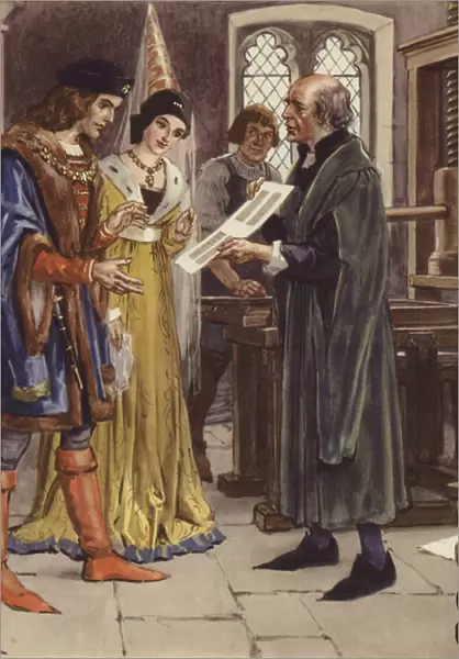 William Caxton showing a printed page to Edward IV and his Queen (colour litho)