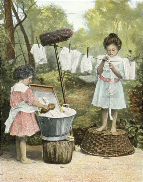 Washing Day, two girls cleaning clothes outside (colour photo)