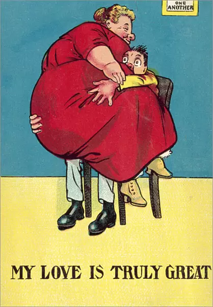 Man being squashed by extremely fat woman (colour litho)