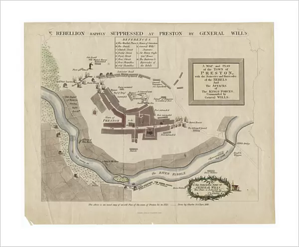 Map of the Battle of Preston of 1715, 1818 (hand-coloured engraving)
