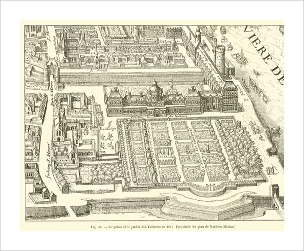 Le palais et le jardin des Tuileries en 1615, Fac-simile du plan de Mathieu Merian (engraving)