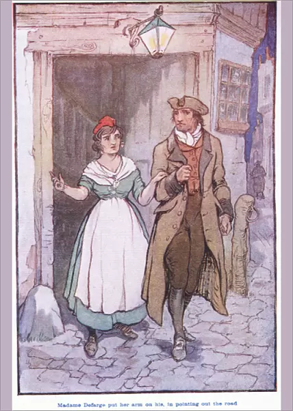 Madame Defarge put her arms on his, in pointing out the road (litho)