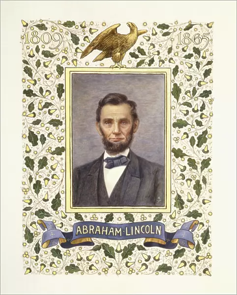 An illuminated page with a miniature portrait of Abraham Lincoln