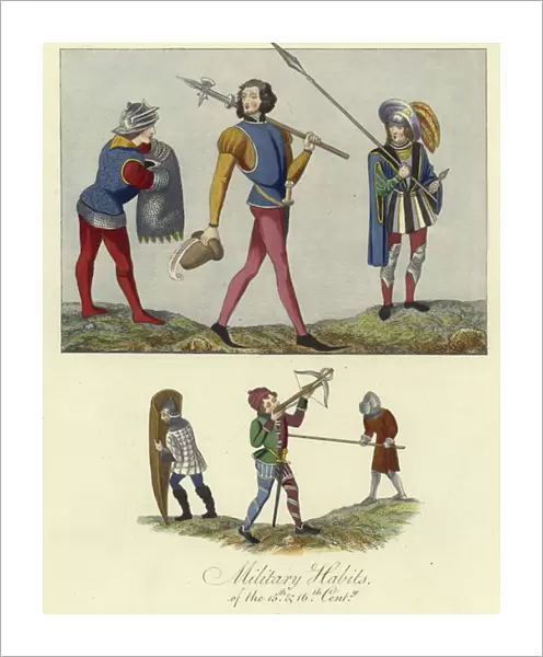 Military habits of the 15th and 16th Centuries (coloured engraving)