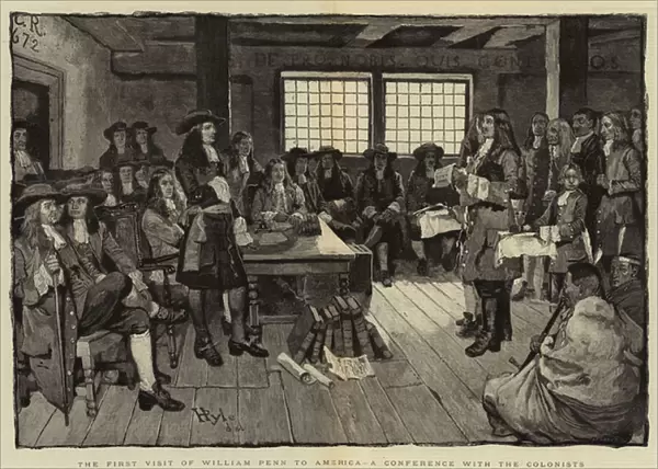The First Visit of William Penn to America, a Conference with the Colonists (engraving)