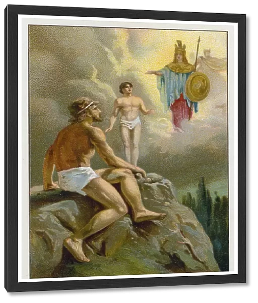 Prometheus creates man from clay and Athena (Minerva) gives him life (chromolitho)