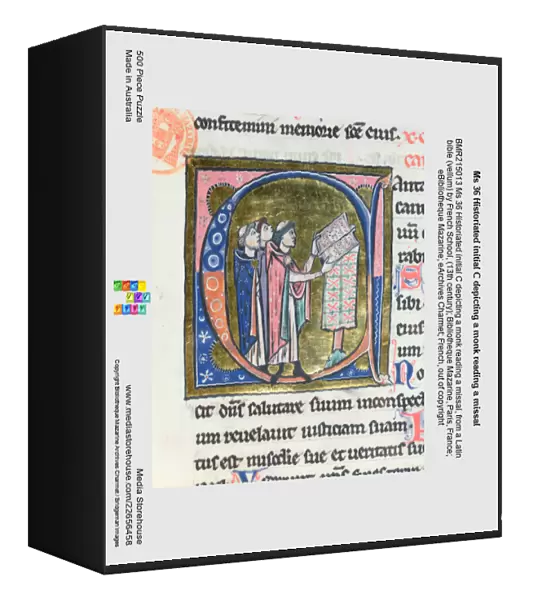 Ms 36 Historiated initial C depicting a monk reading a missal
