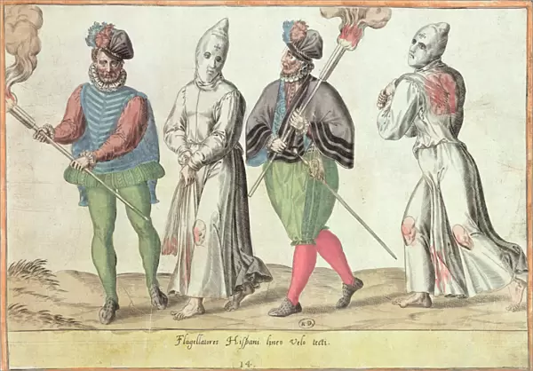 Flagellants in Spain (coloured engraving)
