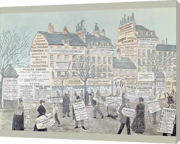 Paris Street Scene with many advertisements, mainly for medicines