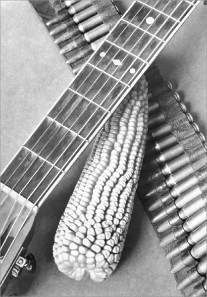 Mexican Revolution, Guitar, Corn and Ammunition Belt, Mexico City, 1927 (b  /  w photo)