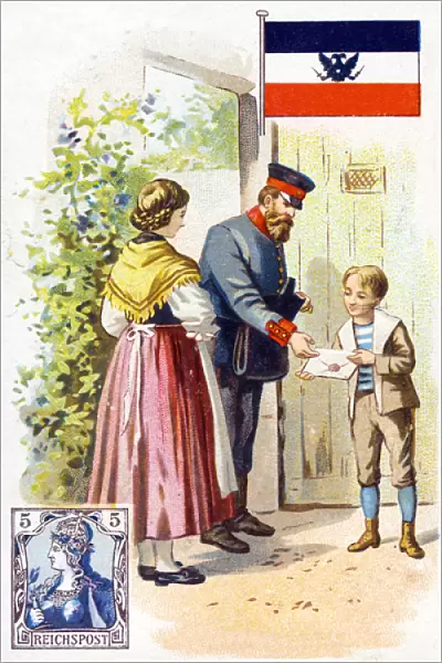 A Postman in Germany delivering a letter, late 19th century (colour litho)
