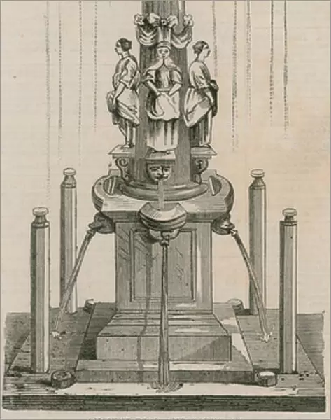 Ancient dial and fountain, erected in 1656 at Leadenhall Corner, London (engraving)